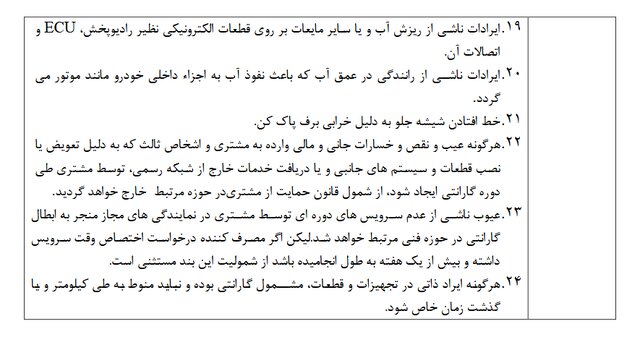 جدول موارد ابطال گارانتی خودرو