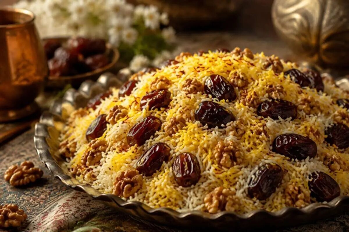 خرماپلو غذای محلی جنوب با برنج خرما و گردو
