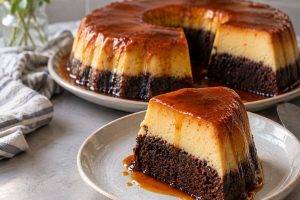 طرز تهیه فلن کیک شکلاتی با کارامل؛ دسری سه‌لایه در یک قالب